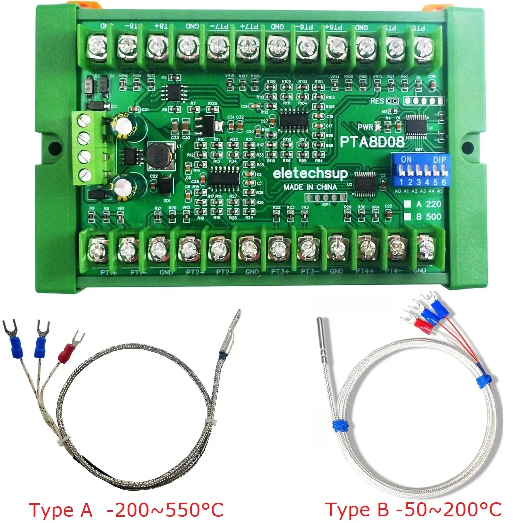 PTA8D08 8ch DC 8-30V PT100 RTD RS485 Temperature Sensor Module Modbus RTU Platinum Thermal Resistance Collector -40~500C