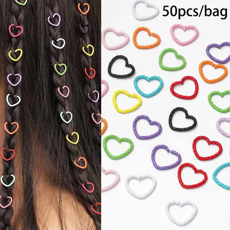 50pcs Love Heart Braid Rings Cuffs Clips Braid Decors Hair Jewelry For Dreadlock Hair Braid Charm Dreadlocks Accessories