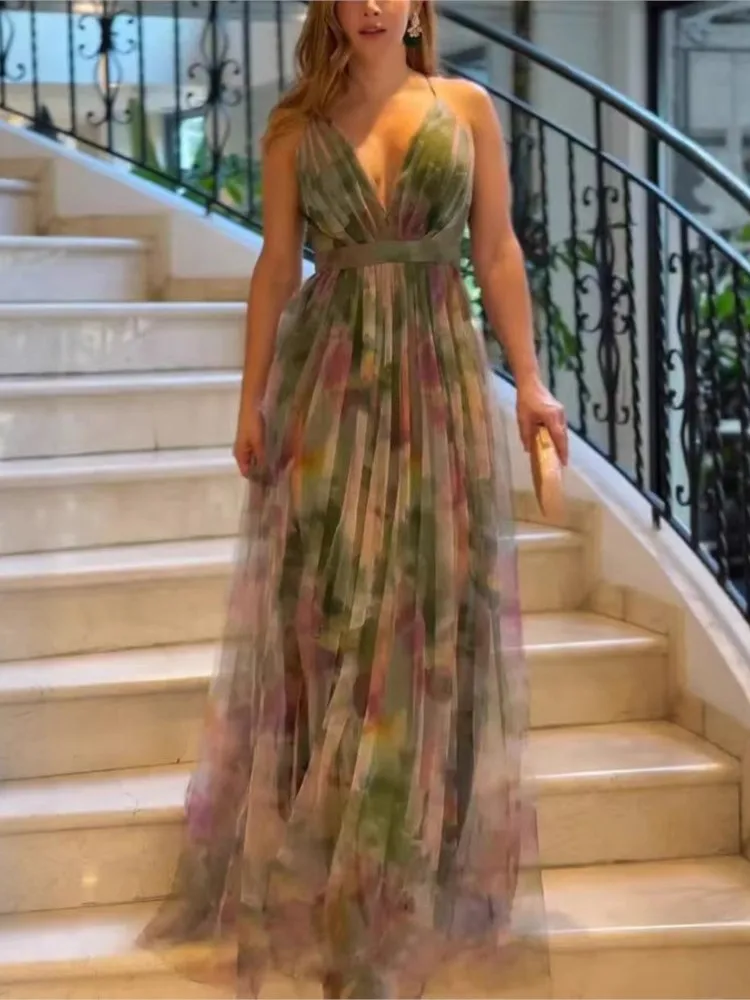 

Elegant Print Dress For Women Fashion Sexy Deep V Neck Spaghetti Strap Backless Dresses Robe Femme Holiday Party Womens Clothing