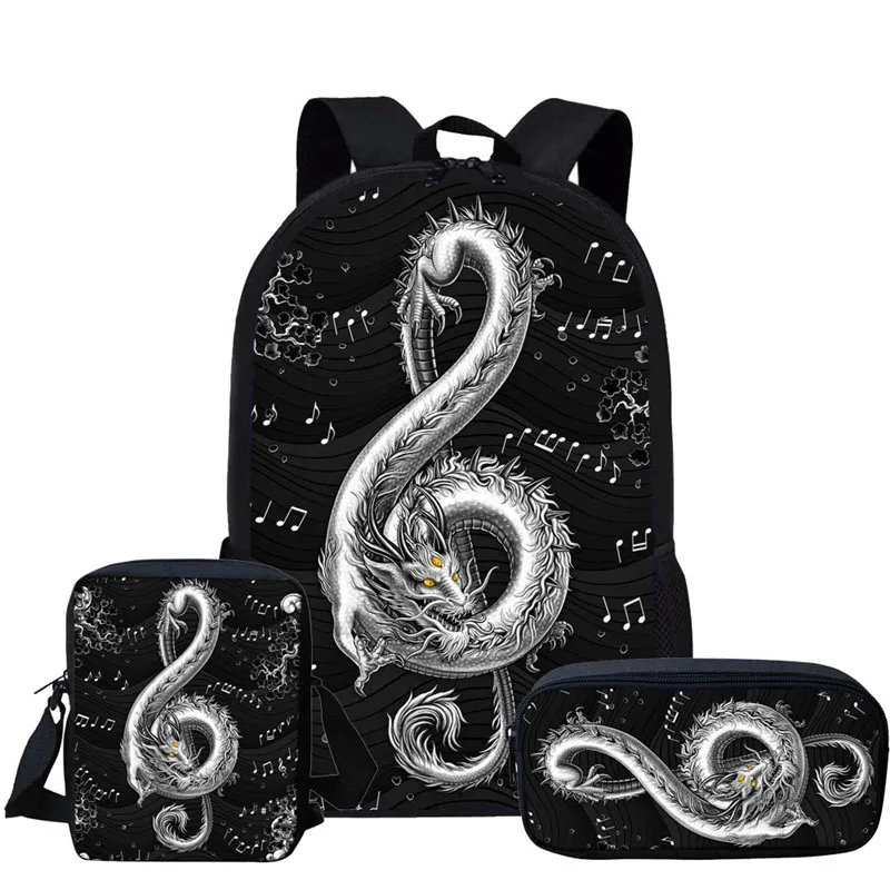 Mochila escolar con estampado de dragón de música única, mochilas escolares para niños y niñas, mochilas para estudiantes, juego de mochilas blancas y negras