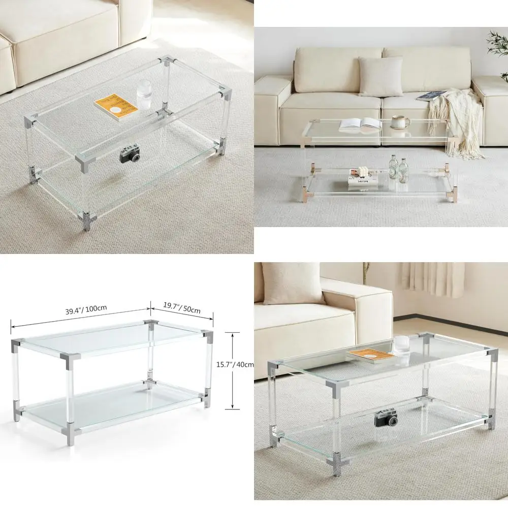 

Double Layer Glass Coffee Table for Living Room, 41 Length x 21 Width x 16 Height, Clear Glass Top