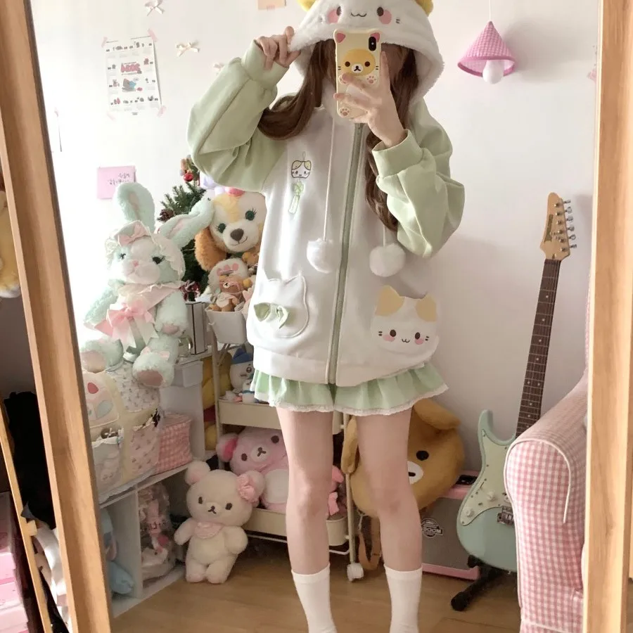 الأصلي اليابانية لينة الفتيات القط طباعة هوديي ربيع الخريف طالب Y2K فضفاض سليم Kawaii هوديي سستة سترة سترة تنورة