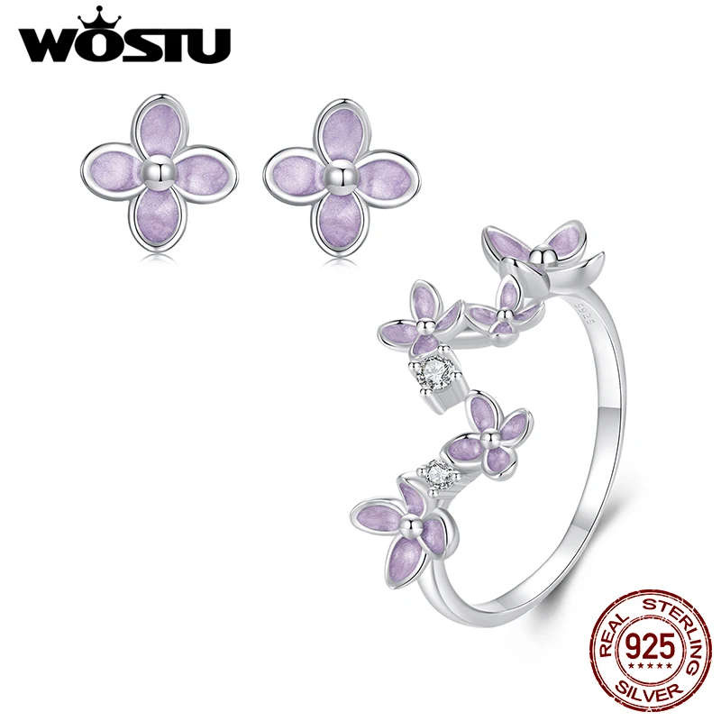 WOSTU 925 Sterling Silver Lilac Flower Open Ring Stud Earrings Jewelry Set for Women Fine Jewelry Party Dating Y2K Korean Gift