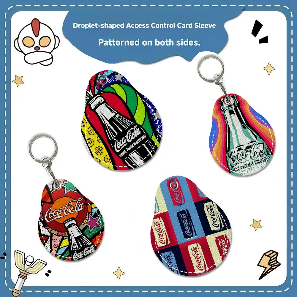 Fashion Print C-Coca C-Cola Keychain Access Card Bag Key Tag Ring Leather Card Holder Keychain Key Ring Door Lock Access Tags