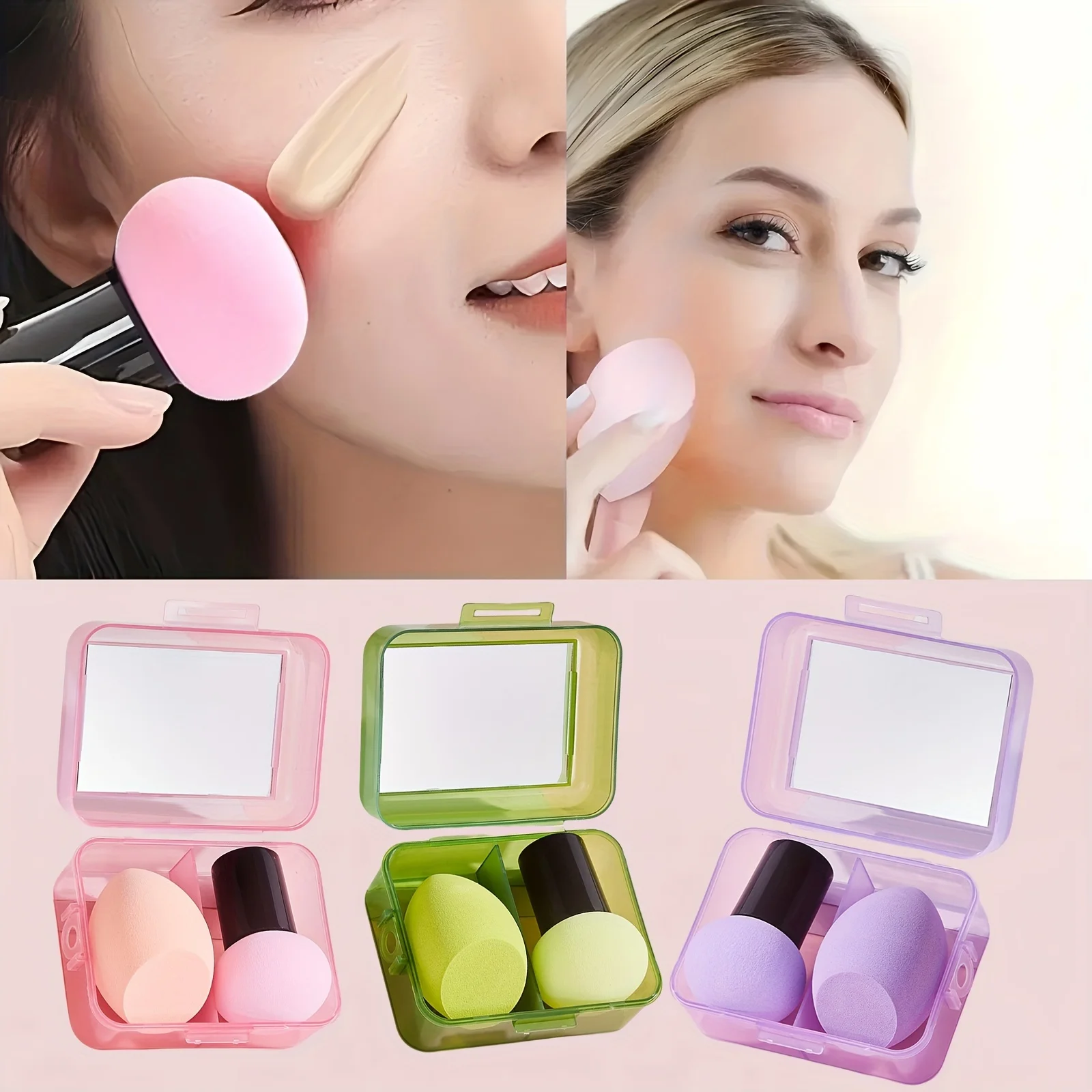 Zestaw lusterka do makijażu i gąbeczek do makijażu, zestaw gąbeczek do makijażu w kształcie grzybka z pudełkiem do przechowywania lusterka, gąbka do pudru do stosowania na sucho i na mokro.