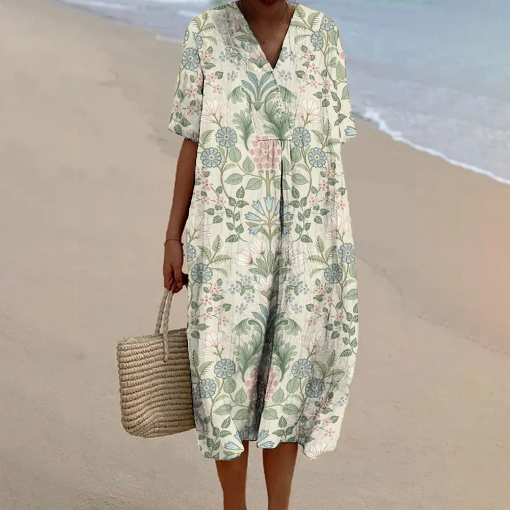 Boho Chic Plants Floral Midi Dress Damskie letnie szaty plażowe Fluttery Floral-Adorned Clothes Dress Botany Enthusiast Suit