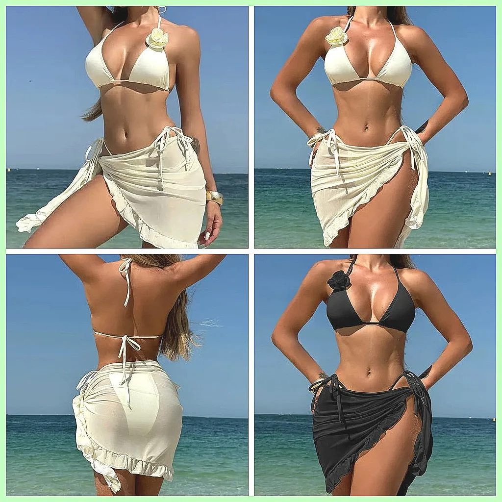 

Sexy Brazilian 3-Piece Bikini Set for Women, High-Waisted Beach Swimwear & Cover Up(72 characters)