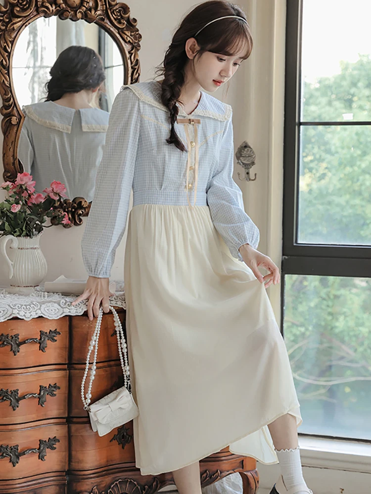 Autumn Winter White Chiffon Patchwork Blue Plaid Long Dress Women Elegant Chic Sailor Collar Dress 2024 Korean Fashion Vestidos