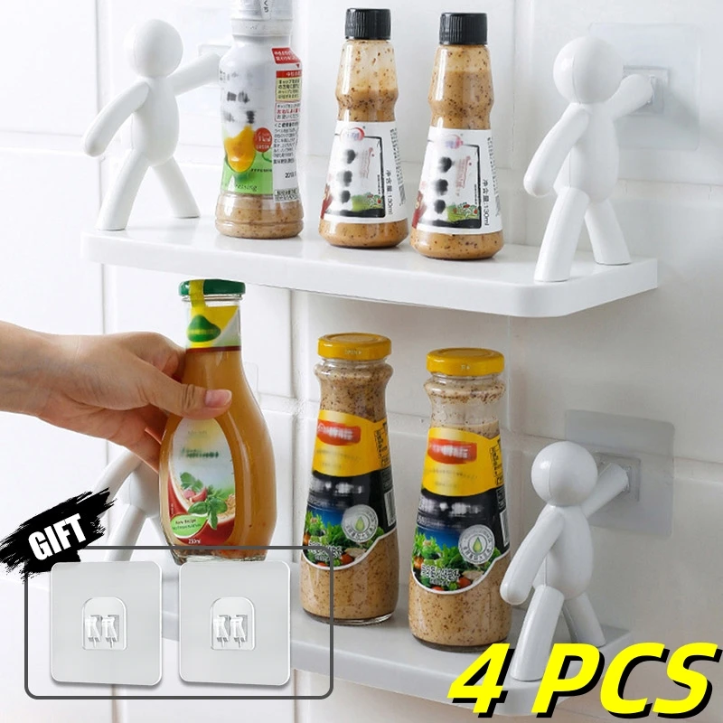 4PCS Household Simple No punching Wall Hanging Human-shaped Guardrail Bathroom Kitchen Storage Rack Hook Rack Shelf with Hook