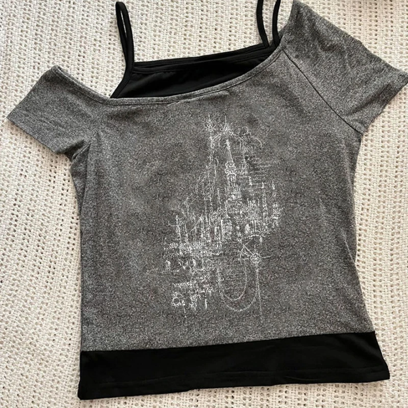 2000 년대 하이 스트리트 크리에이티브 코믹 패턴 프린트 티 고딕 펑크 Y2K 레트로 슬림 탑 패션 다목적 섹시한 클래식 여성 티셔츠