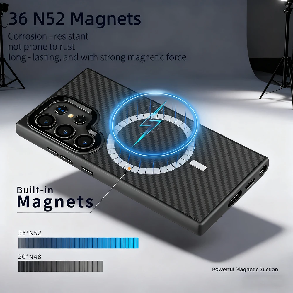 

Классический чехол MagSafe из углеродного волокна с классической текстурой для Samsung Galaxy S25 S24 Plus, противоударный чехол из ультрасплавного объектива