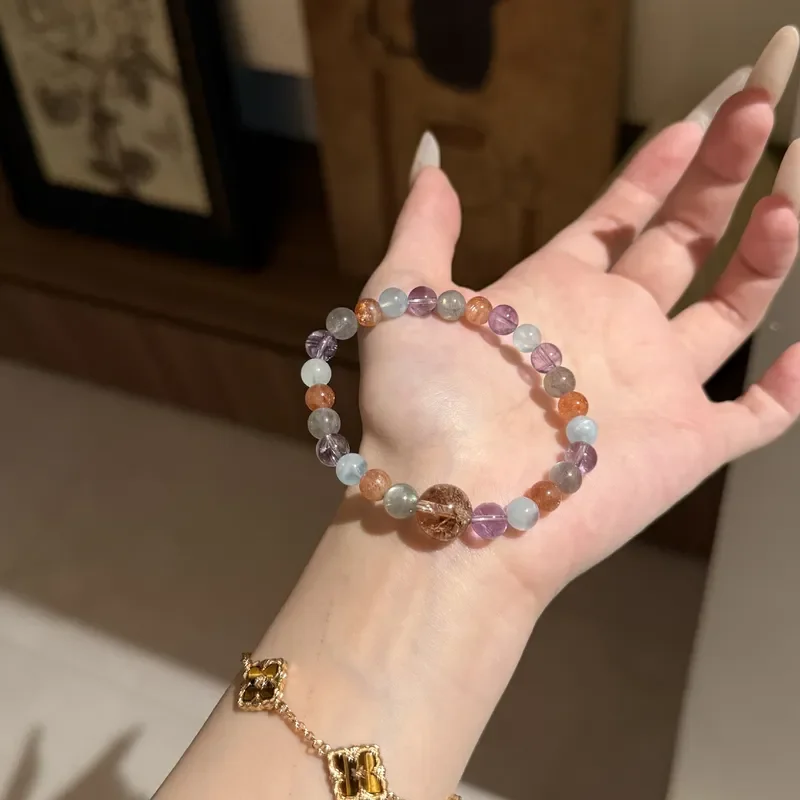 Natural red glue flower amethyst bracelet light luxury high-end feeling Duobao transfer beads lucky gold foil glue flower