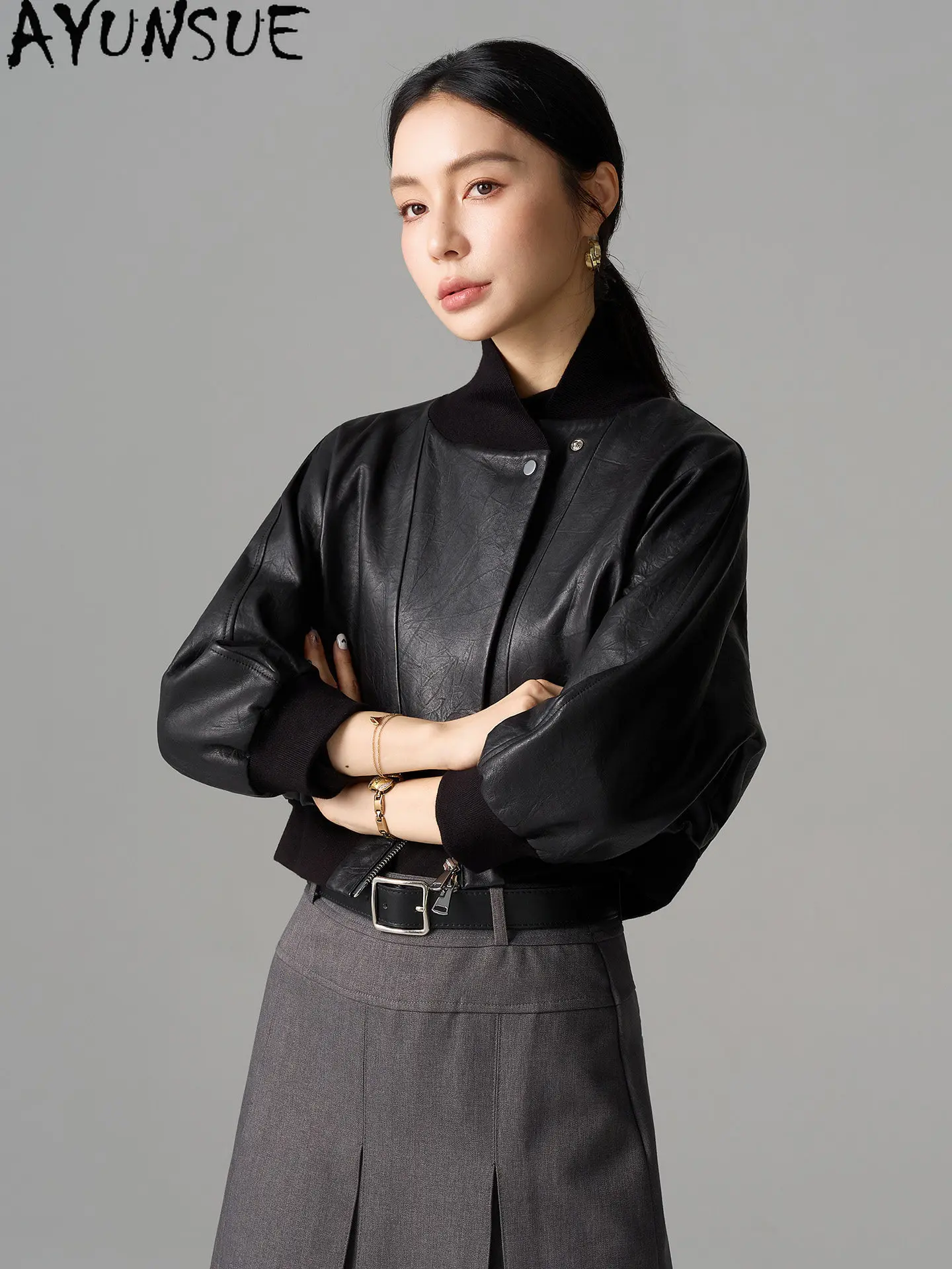 AYUNSUE Real Leather Jacket Women Fashion Black Sheepskin Coat Spring Autumn Womens Coats Short Batwing Style Косуха Женская