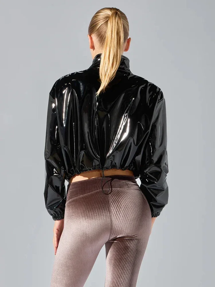 Women Glossy Faux Leather Lapel Crop Jacket Coat Ladies Fashion Shiny PU Punk Overcoat With Pockets Casual Entertainment Custom