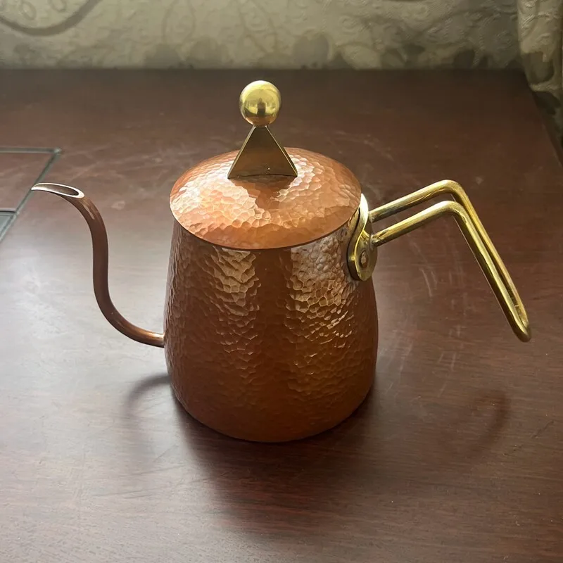 Hammered Red Copper Gooseneck Coffee Kettle Hand Forged Pour‑Over Coffee Pot With Lid For Home Outdoor Camping Coffee Brewing