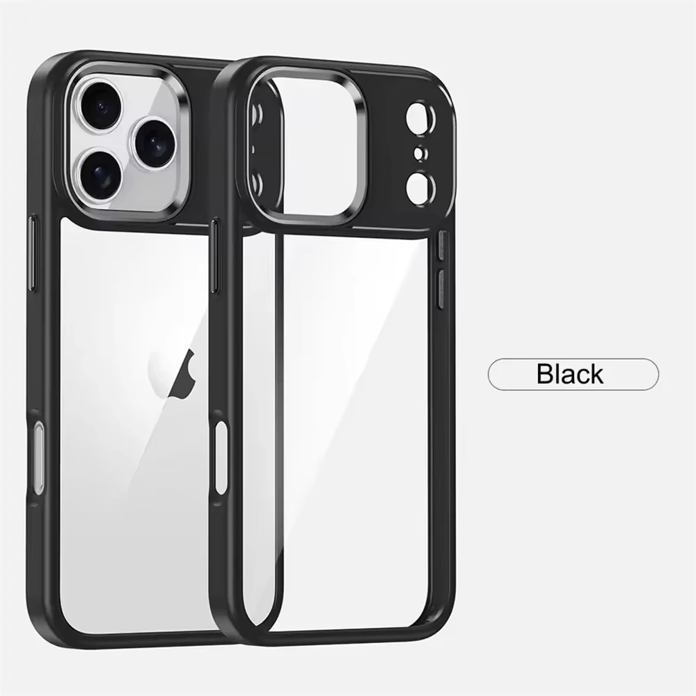 

Luxury Metal Lens Frame Case For iPhone 17Pro Max Shockproof Transparent Acrylic Hard Cover Black