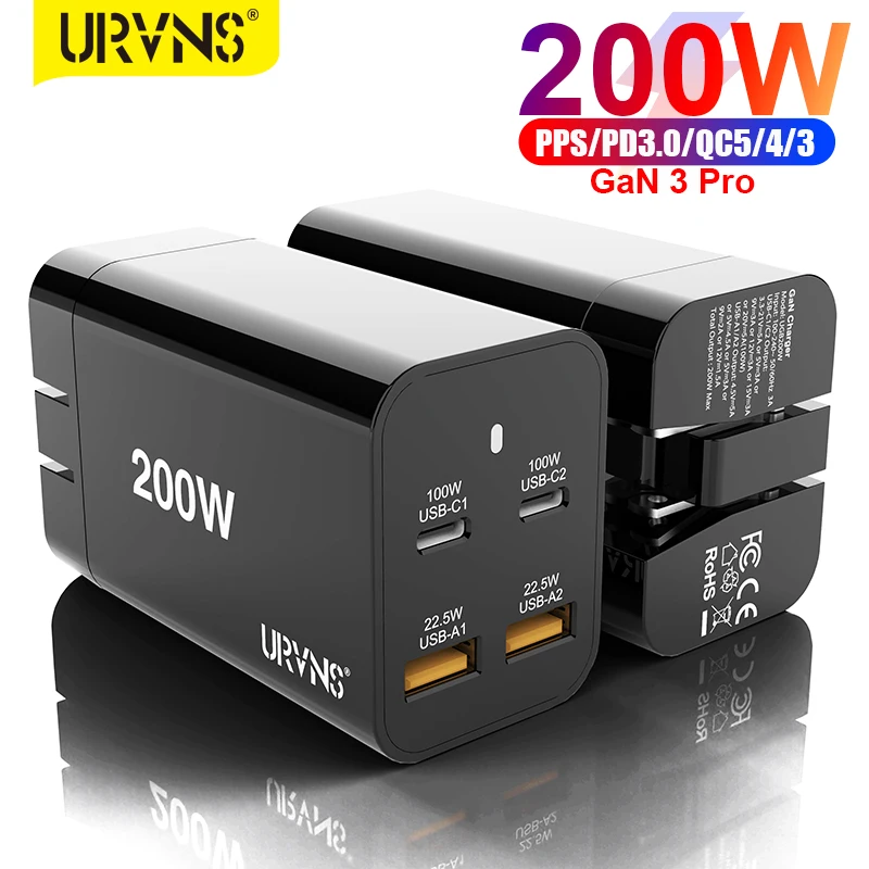 

URVNS GaN 200W USB C Wall Charger 4-port PD 100W 65W PPS45W QC5 Super Fast Charging Adapter for MacBook iPhone 14 13 Samsung S21