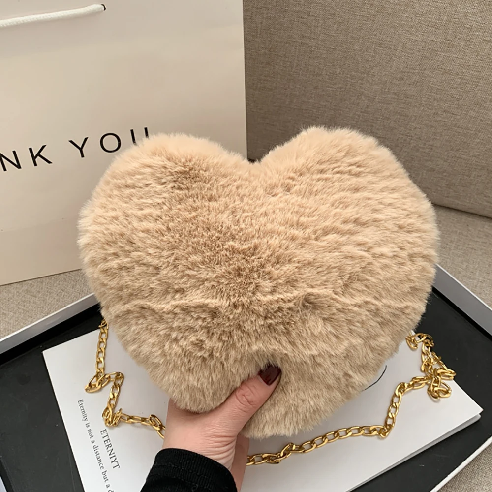 Simple Women Heart Shaped Handbags Cute Kawaii Faux Fur Crossbody Bags Wallet Purse Plush Chain Shoulder Bags Lady Handbag Gifts