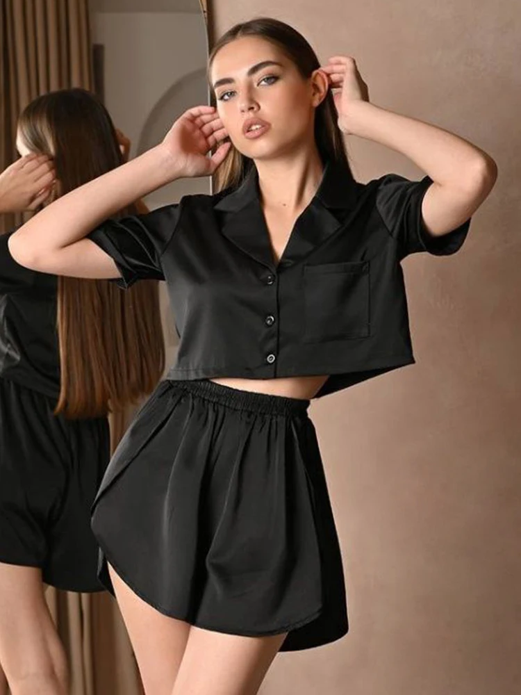 Hiloc Black Pajamas For Women 2 Piece Sets Loose Crop Top Short Sleeve Home Suits With Shorts Summer Casual Sleepwear Female