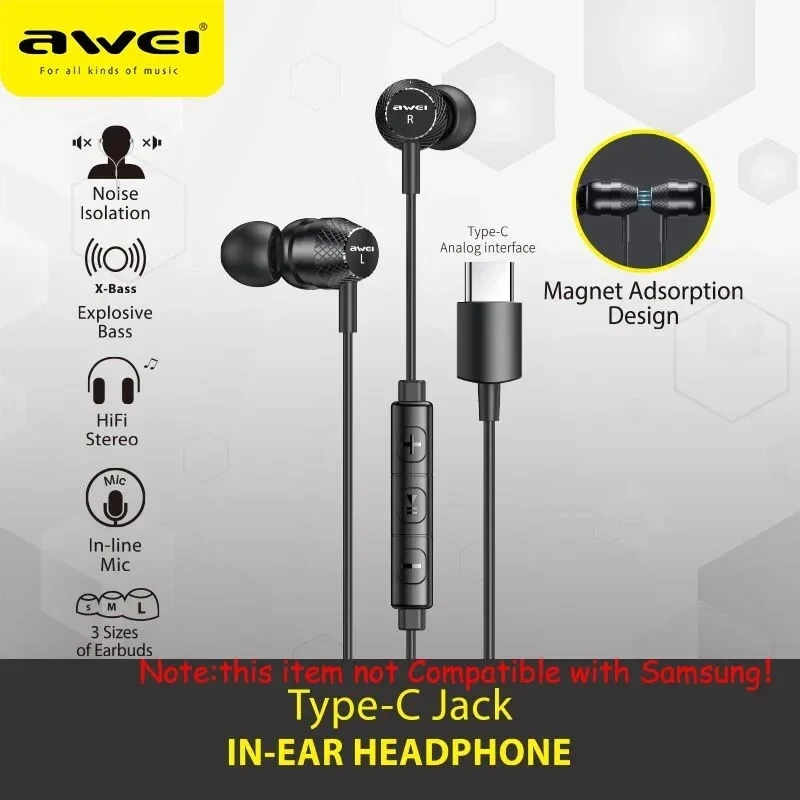 Awei TC-5 Auricolare cablato In-ear per telefono Jack di tipo C Stereo Bassi profondi con controllo del pulsante del microfono Auricolari originali