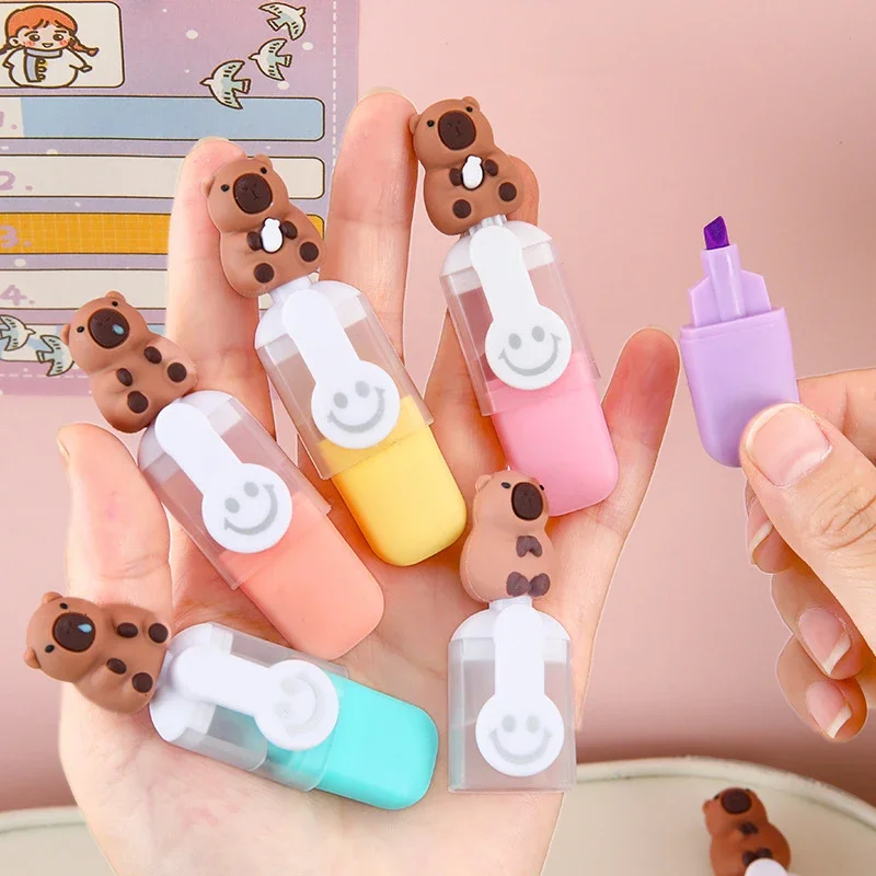 

6Pcs/Set Cute Capybara Highlighter Pen Set Cartoon Markers Stationery Mini 6-color Highlighters Birthday Gift