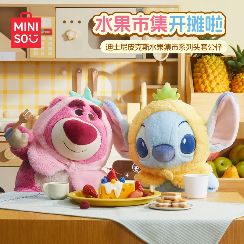 Miniso Disney Stitch Strawberry Bear Soft Dolls Fruit Bazaar Series Anime Headsets Style Dolls Anime Peripheral Kawaii Toy Gift