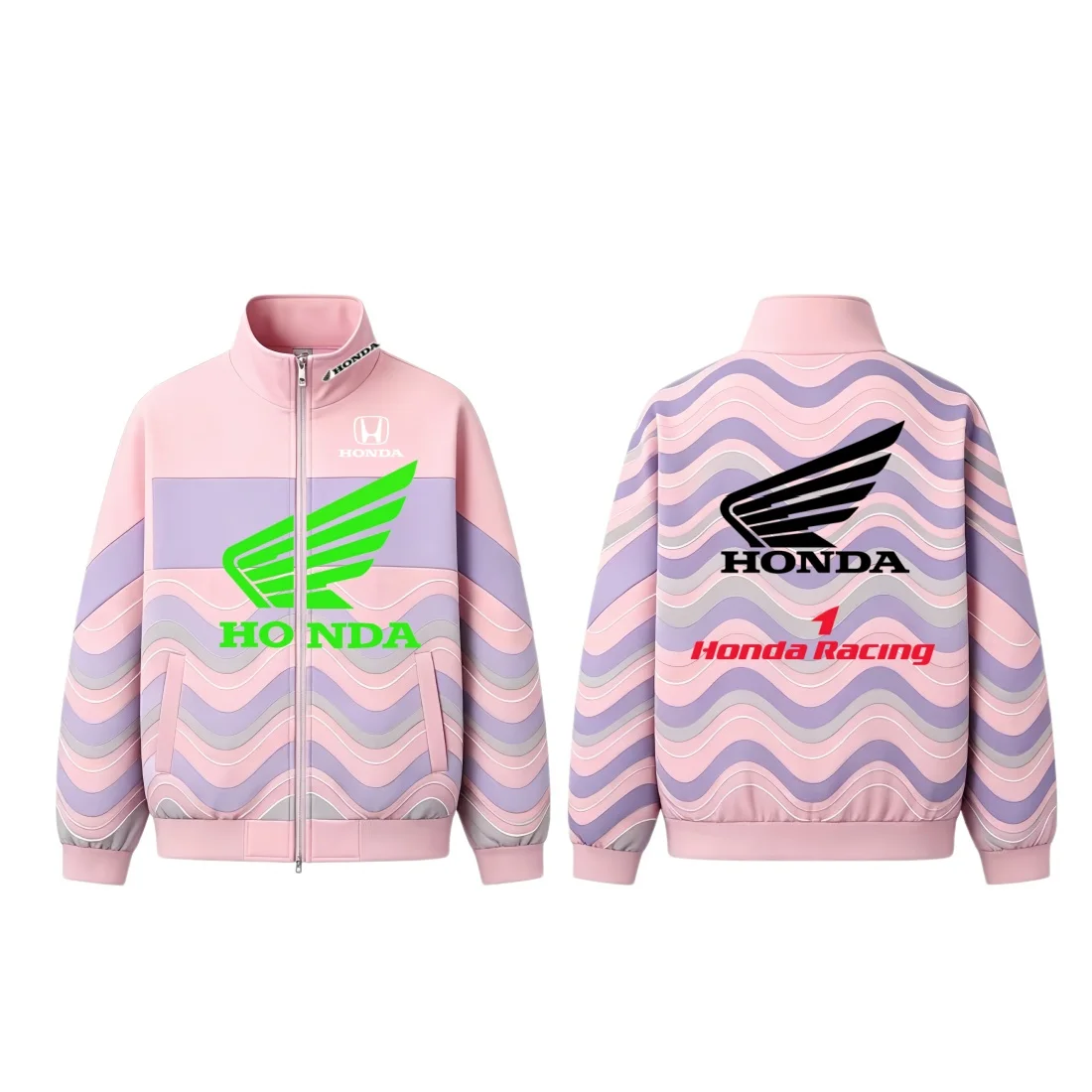 

Pastel Purple Wave Striped Honda Eagle Print Jacket Men Stand Collar Zip Up Biker Racing Sport Windbreaker Street Casual Outer C