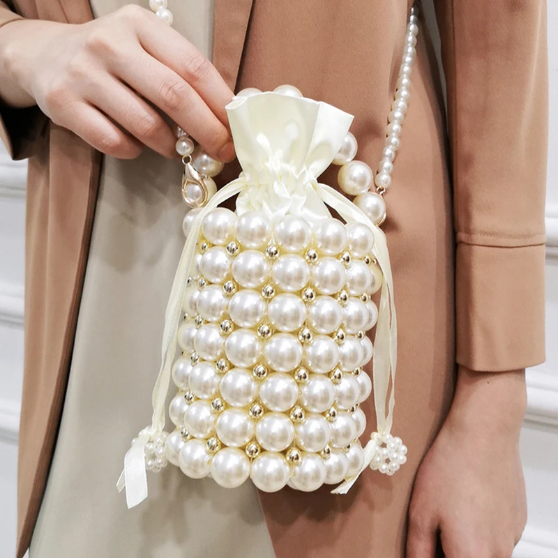 

Handmade pearl woven women bag fashion acrylic beaded woven bucket bag women handbag shoulder bag