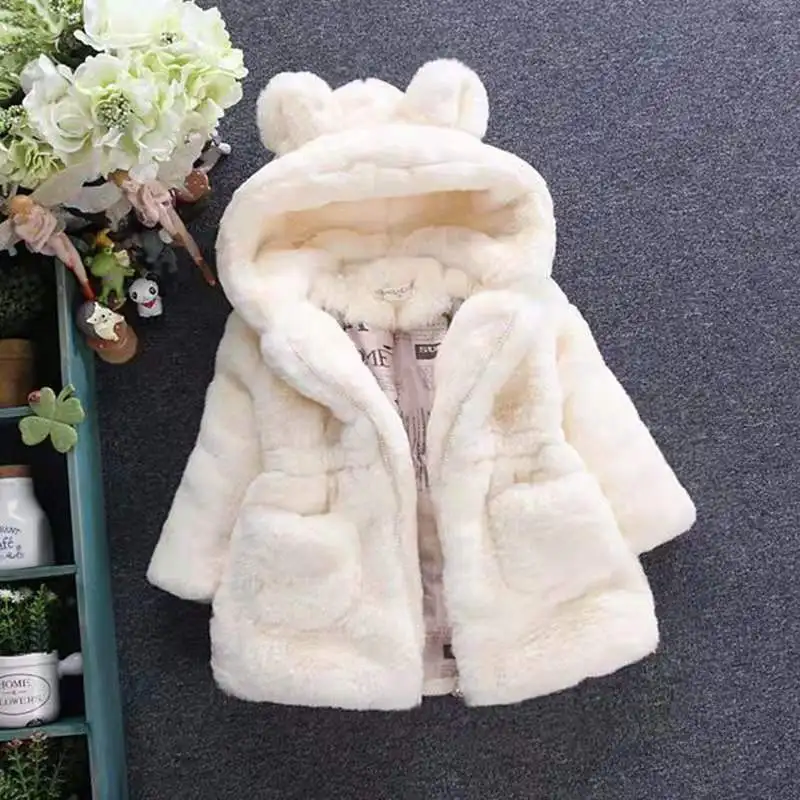 (1-6) Girl Cute Hairy Coat Winter Baby Girl Solid Color Bear Ear Hooded Belt Zipper Warm Multi functional Coat image 4