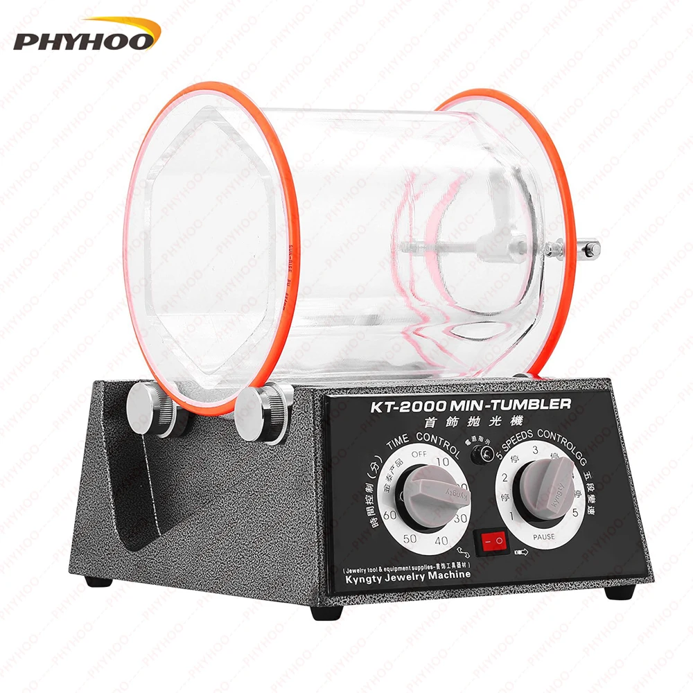 

PHYHOO KT2000 Jewelry Polisher Rotary Tumbler Bead Surface Cleaner Drum Polishing Finisher Machine with Timer for Chamfering 5kg