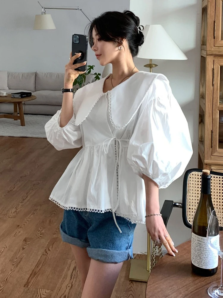 Korean Fashion Doll Collar Three-quarter Lantern Sleeve Blouse for Women Spring Summer Ladies Cute Sexy Blouses Dropshipping