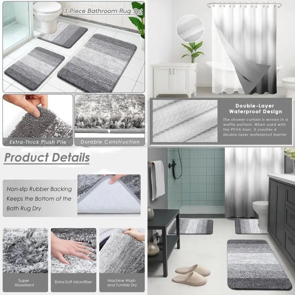 

Ombre Abstract Shower Curtain Set with Waterproof Liner and Non-Slip Bath Rugs for Modern Vintage Bathroom Decor
