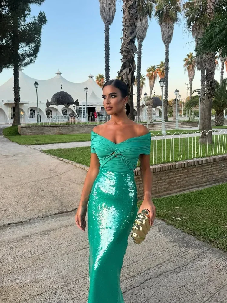 ชุดเดรสผู้หญิงแขนกุดประดับเลื่อมจีบระบาย สีเขียวหรูหรา เปิดไหล่ สายเดี่ยว สำหรับงานกลางคืนหรืองานปาร์ตี้
