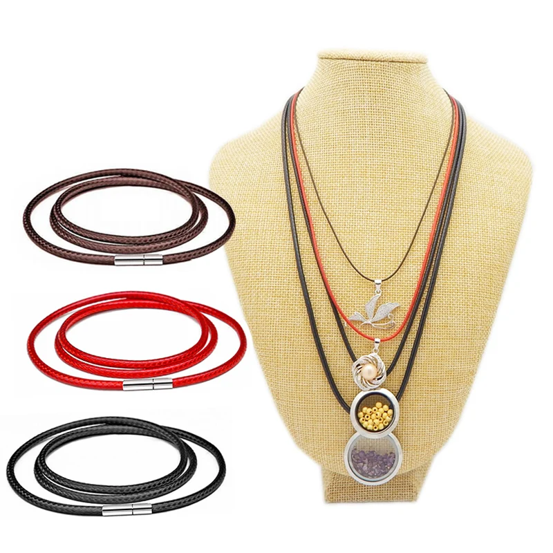 41-60cm Men Women Necklace Cord Leather Cord Wax Rope Chain Stainless Steel Tube Clasp For DIY Pendant Necklaces Jewelry 1-3mm