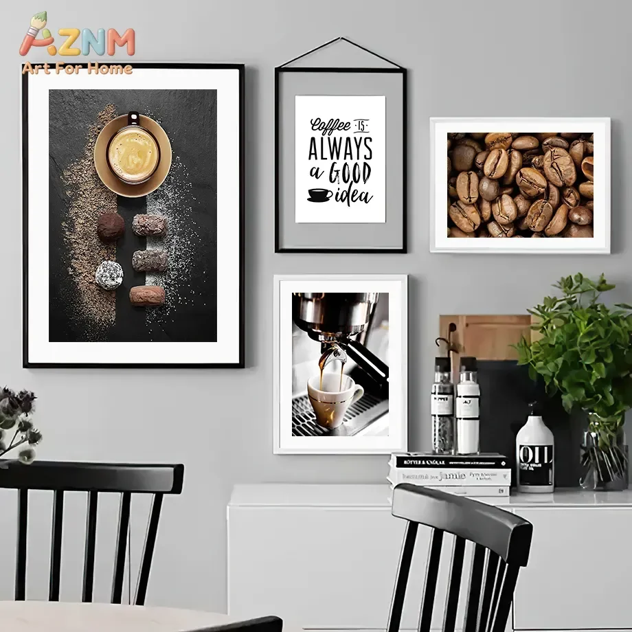 AZNM Coffee Bean Latte Snack Typography Canvas Poster, Frameless Retro Food Wall Art For Kitchen Coffee Bar Dining Room Cafe Hom