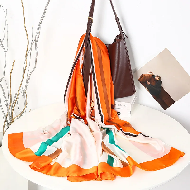 180*90cm Luxury Classic Sun Protection Women Silk Scarves Female Shawl Chain Print Silk Scarf Lady Wrap Bandanna Muffler Beach image 5
