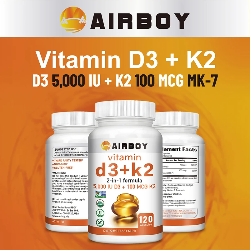 Vitamin D3 + K2 - Promotes Calcium Absorption, Bone and Joint Health, and Boosts Immunity