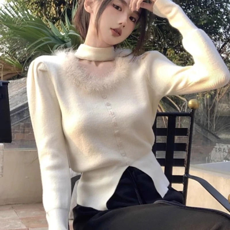 Pure Desire Hot Girl Halter Neck Sweater Wome Hairy Splicing Bottoming Shirt Top