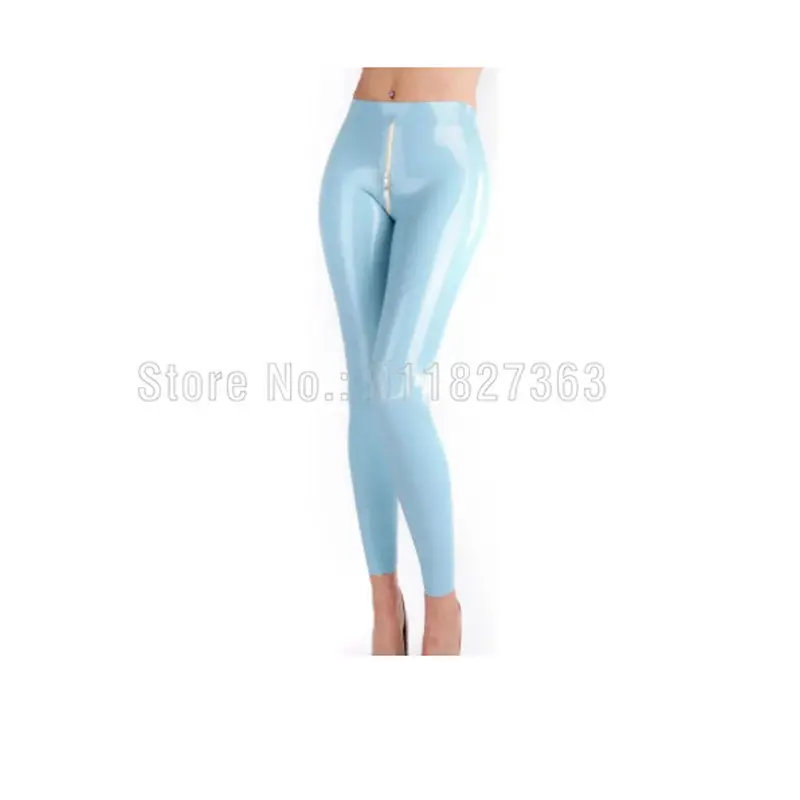 

Handmade sexy tight fitting Latex Leggings Lake Blue Sexy Rubber Pants Trousers Bottoms w Front Crotch Zippers Customized