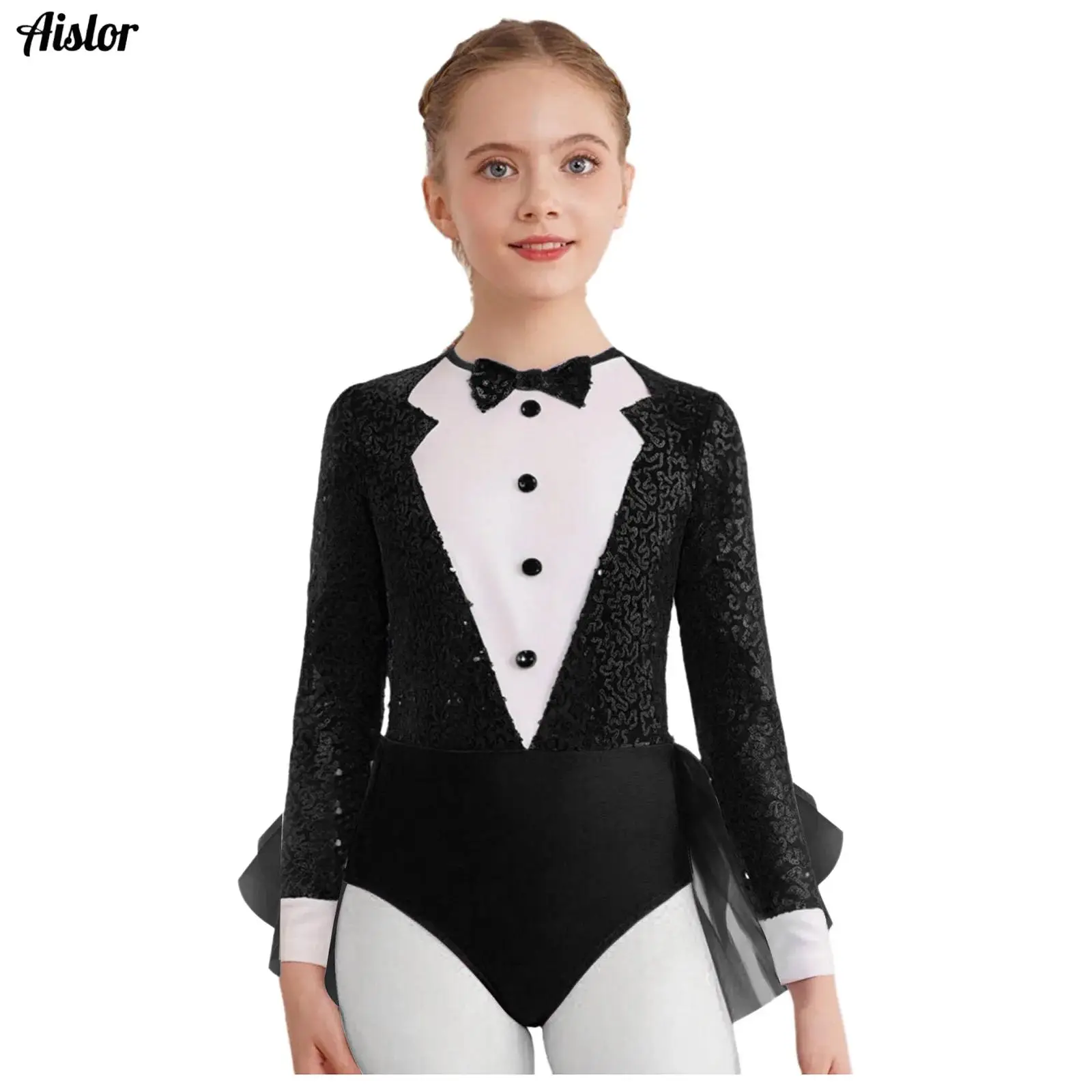 

Kids Girls Latin Jazz Dance Leotard Long Sleeve Color Block Sparkly Sequins Bodice Tulle Skirted Bodysuit Disco Dance Costume