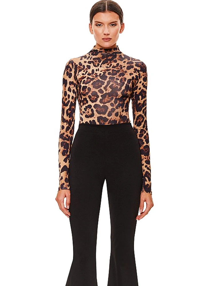 CNYISHE Casual Leopard Sexy Club Party Women Bodysuits Turtleneck Long Sleeve Streetwear Slim Regular Jumpsuits Female Tops Tees