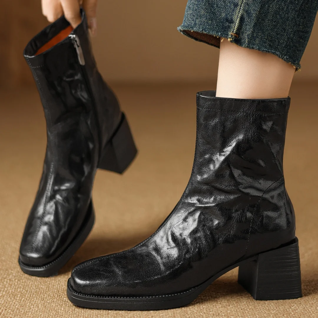 

Women's pleated sheepskin sheepskin side zip autumn ankle boots 6cm thick med heel casual female short booties shoes for woman
