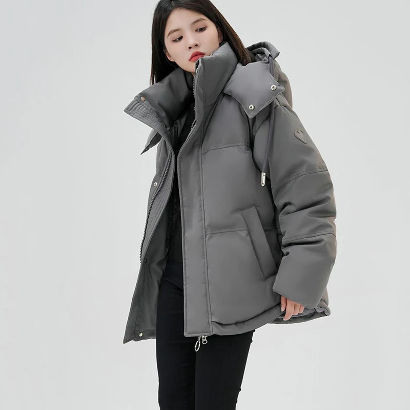 Winter Cotton Padded Puffer Parka Women Thick Warmer Loose Hooded Jacket Long Sleeve Pocket Zipper Coat Outerwear Female