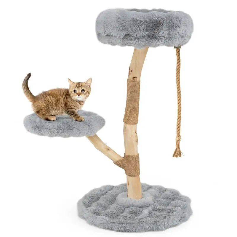 Arbre à chat en bois avec perchoir, centre d'activités pour chat en bois massif avec poteaux à gratter en jute naturel, gris