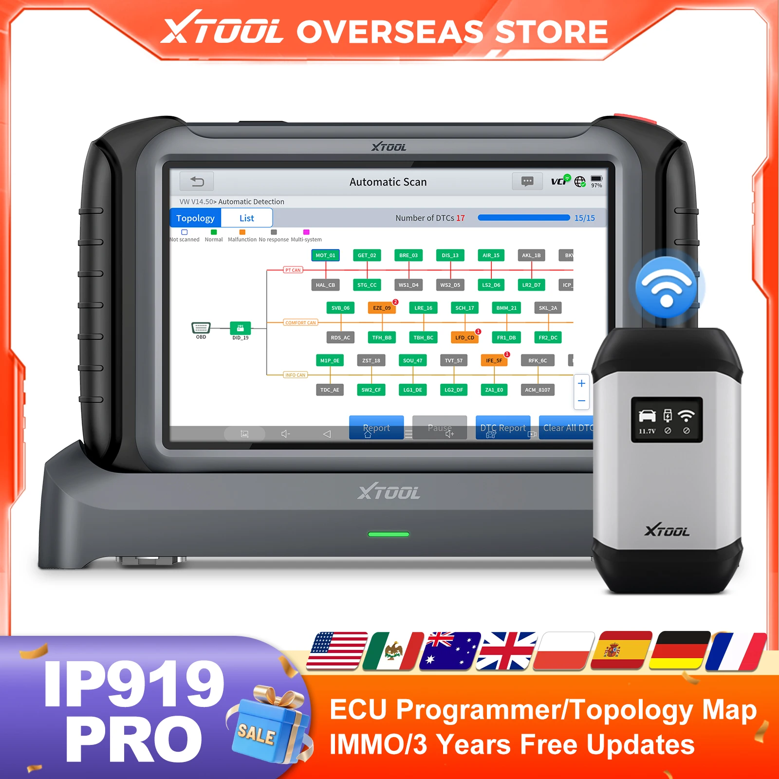 

XTOOL INPLUS IP919 Pro Автомобильный сканер Ключевой программатор Все системы для диагностики ЭБУ-программатор с 51+ сбросами CAN FD DOIP FCA