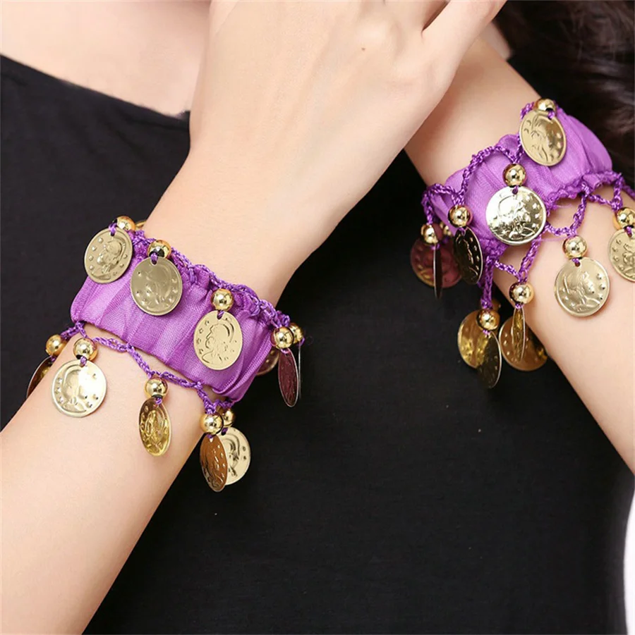 Bracciale di danza del ventre in chiffon da 1 paio/2 pezzi con polsino elastico per cavigliera da polso per danza del ventre con monete