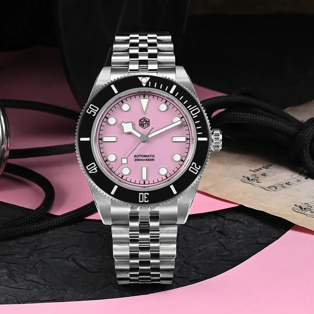 San Martin SN0128 40mm Men Dive Watch NH35 Automatic Mechanical Pink Dial Sapphire Luminous Waterproof Fashion Luxury Watches