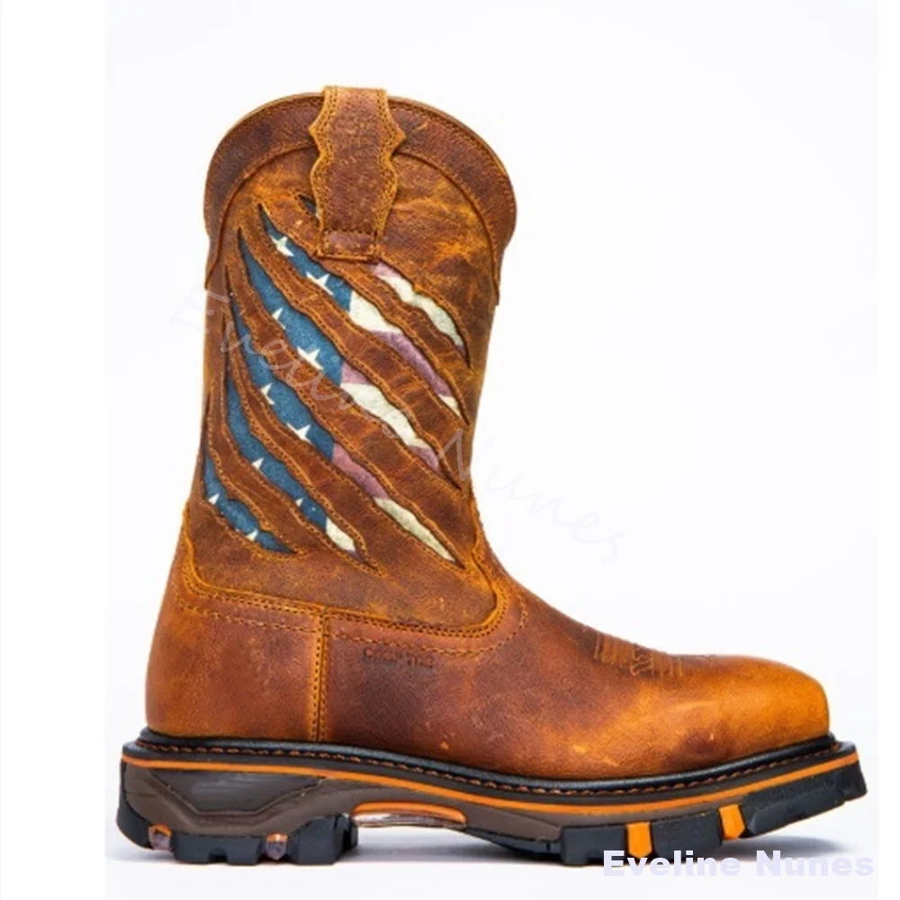 Men Distressed Brown Western Work Cowboy Boots Cutout Shaft Square Toe Non Slip Heavy Duty Rubber Outsole Pull On Riding Boots