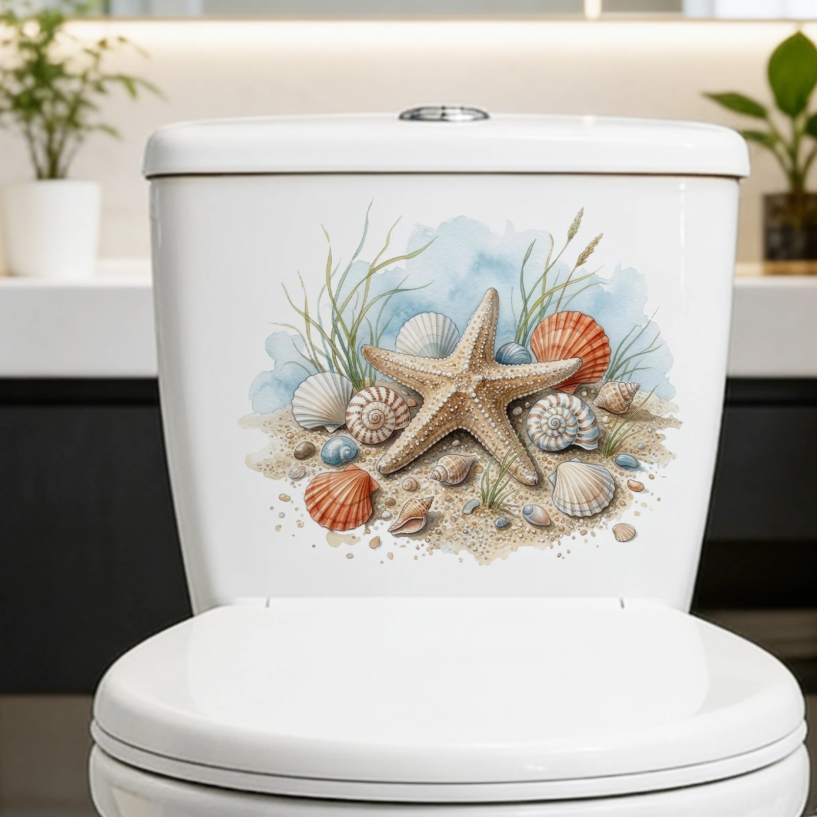 Watercolor Seashell Wall Decal, Beach Starfish & Seashells with Sand and Sea Grass Vinyl Wall Sticker for Home