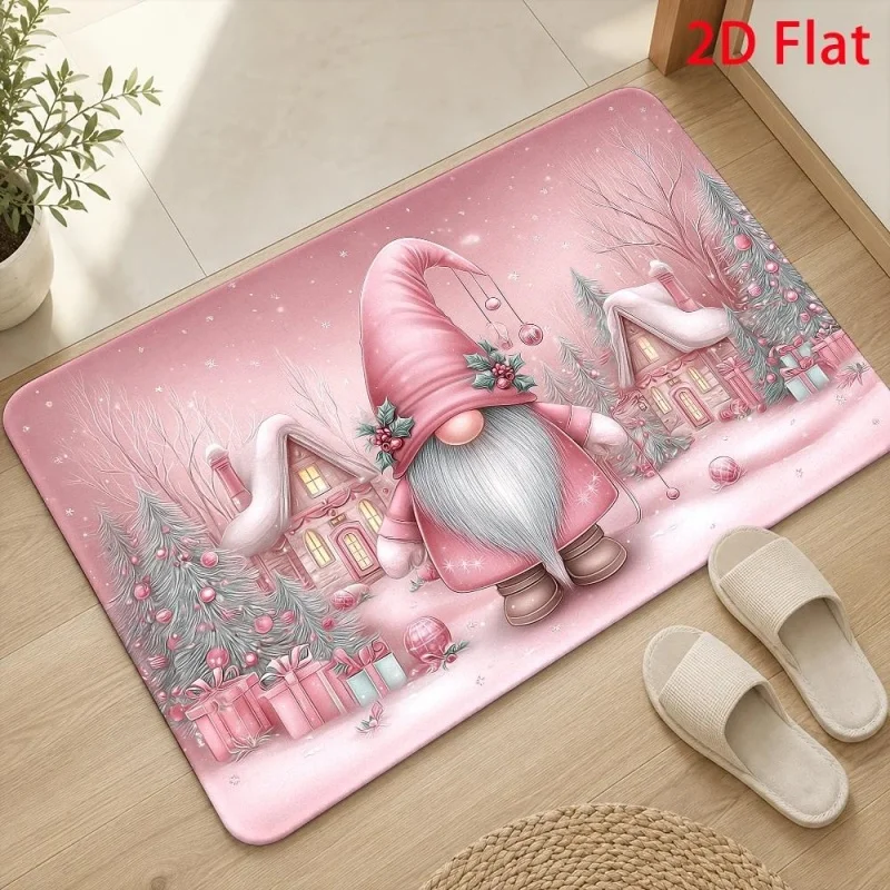 Pink Gnome Snowy Winter House Christmas Printed Entry‑way Doormat, Soft Pastel Holiday Floor Rug, Festive Household Decor Mat